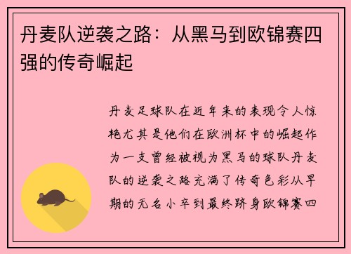丹麦队逆袭之路：从黑马到欧锦赛四强的传奇崛起